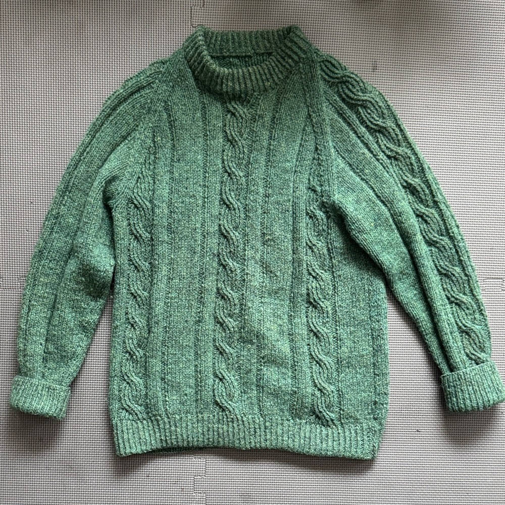 Vintage Handknit Wool Green Cable Knit Sweater